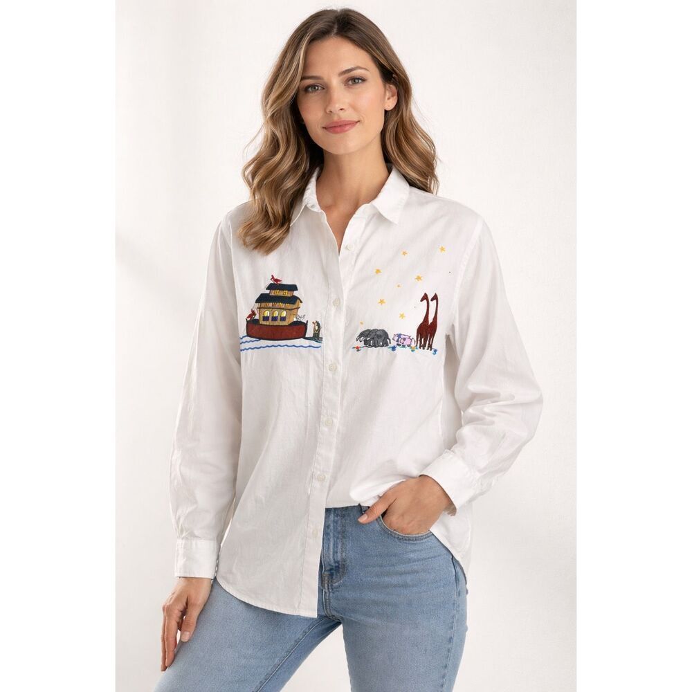 Westbound Noahs Ark Embroidered Shirt Womens XL White Cotton